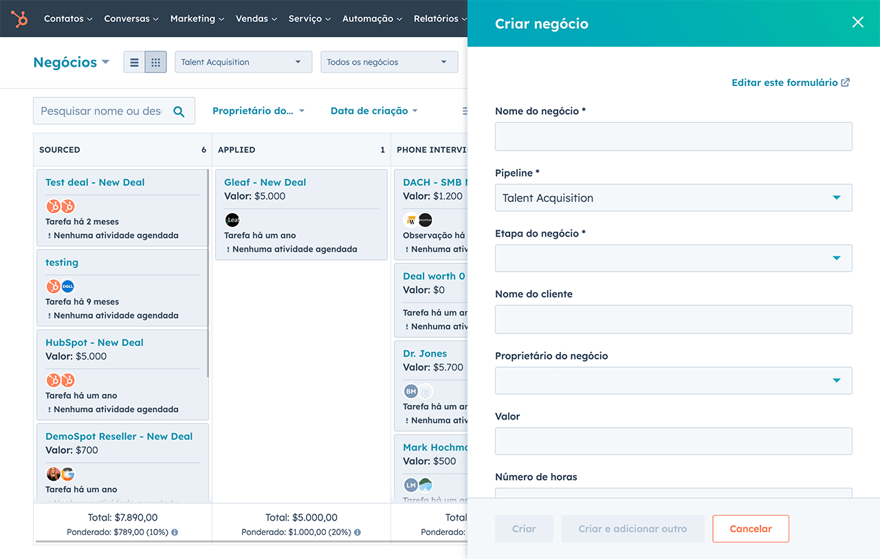 Adicione negócios ao seu pipeline com a conexão com o CRM da HubSpot 