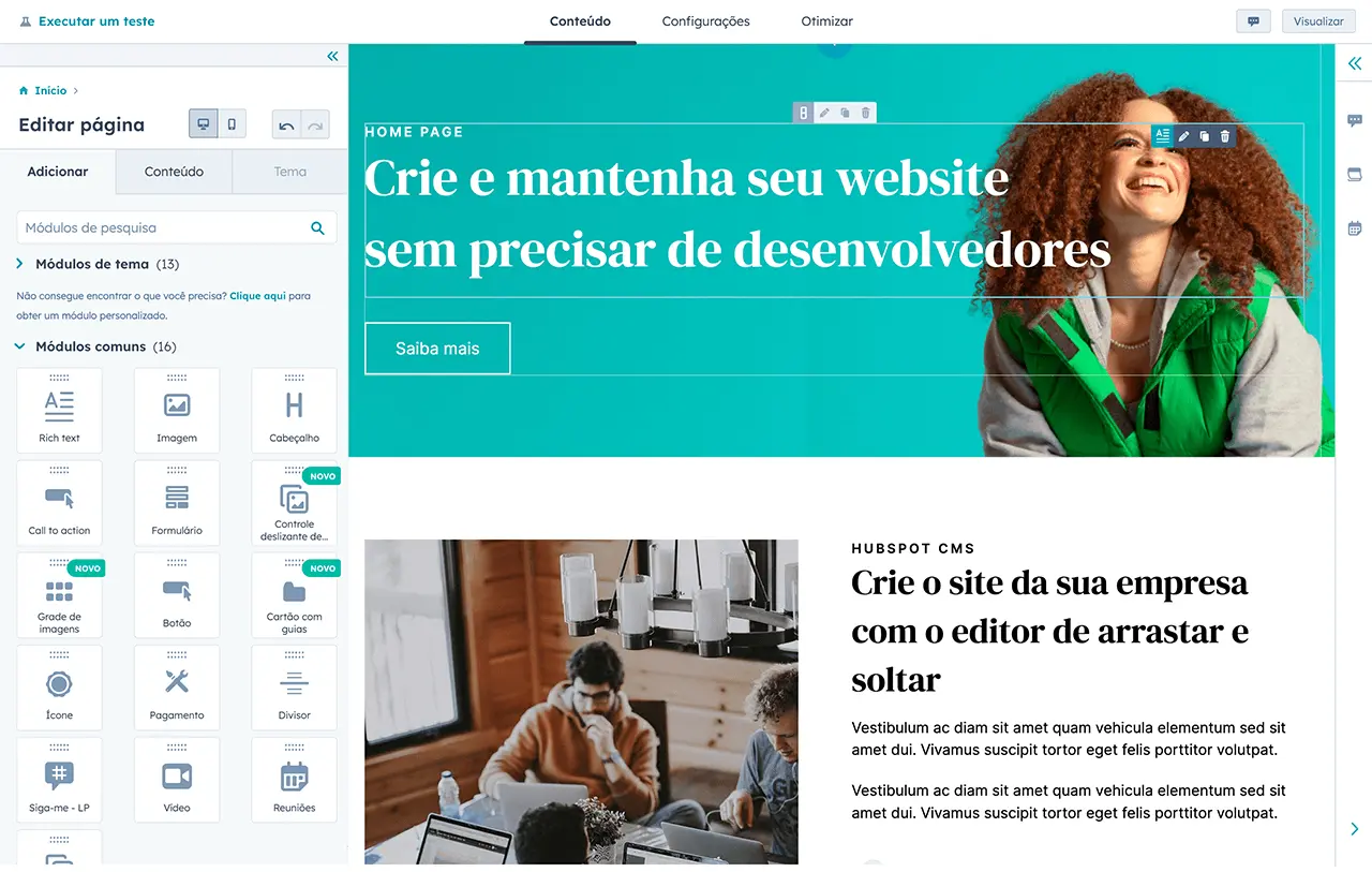 site personalizado criado com a ferramenta de drag and drop da HubSpot 