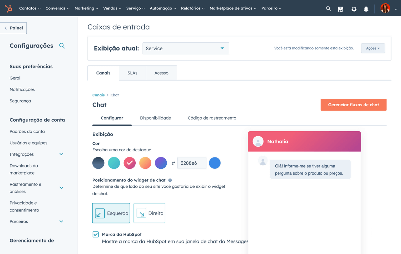 captura de tela da configuração de chat online da HubSpot para personalização com cores da sua marca 