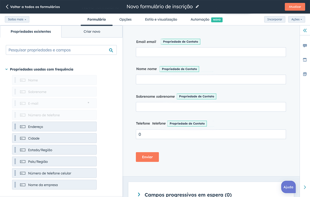 formulário de novo contato - HubSpot Forms