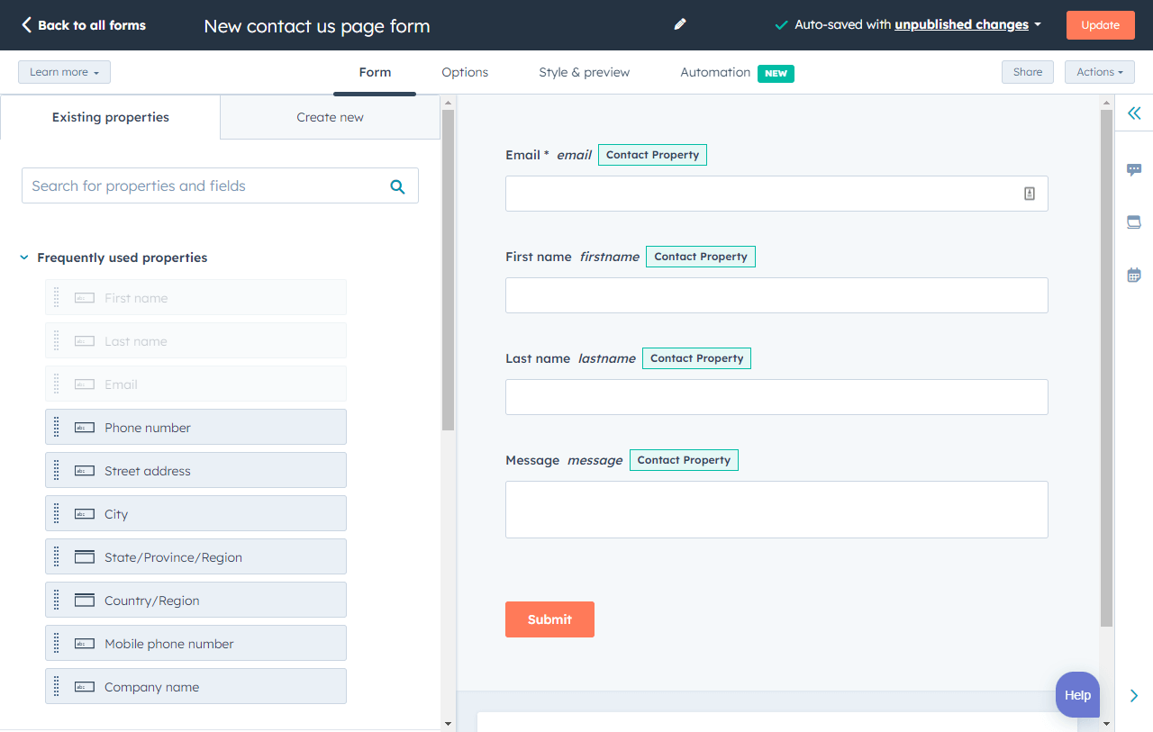 HubSpot forms tool showing editor interface