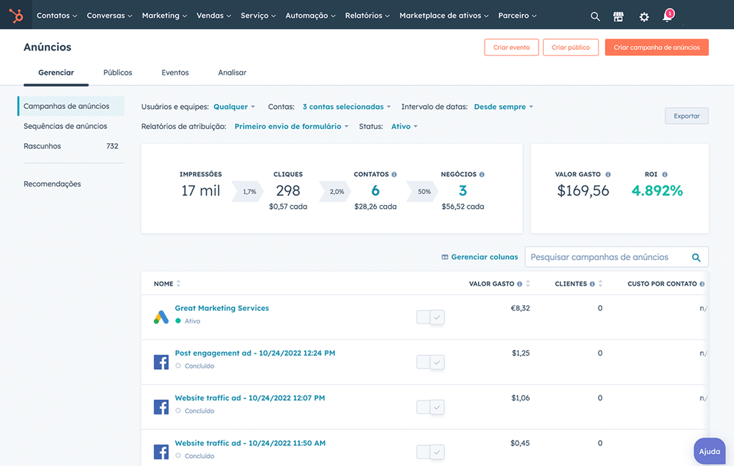 Captura de tela do gerenciador de anúncios da HubSpot