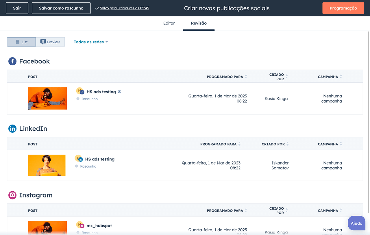 Postagens sociais agendadas pelo HubSpot para vários canais sociais