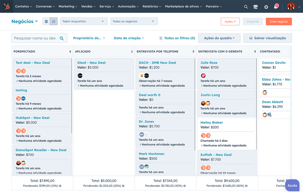 captura de tela do gerenciamento de pipeline de vendas gratuito da HubSpot