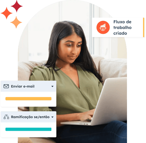 mulher cria fluxo de trabalho usando as ferramentas de automação e IA da HubSpot